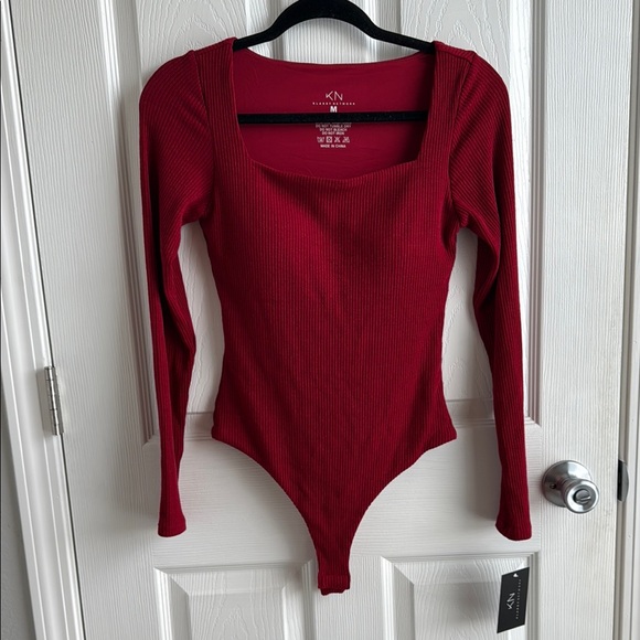 Klassy Network Tops - Klassy Network Long Sleeve Square Neck Ribbed Red Bodysuit